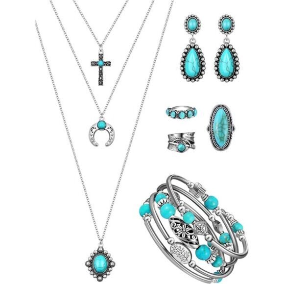 Bohemian Western Jewelry Turquoise Set Rings Necklace Earrings Bracelet - Picture 1 of 5